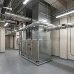 Sala técnica de un edificio de oficinas con un climatizador, tuberías aisladas y un contador de energía.