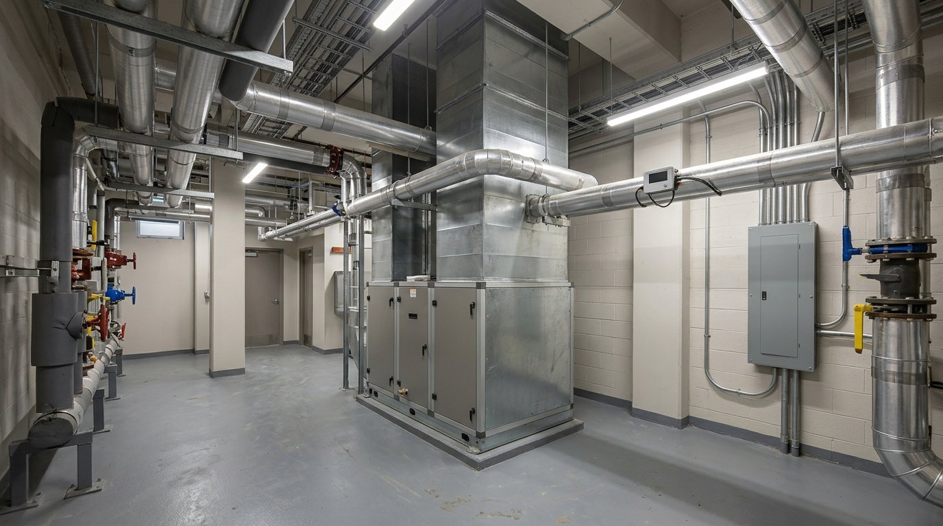 Sala técnica de un edificio de oficinas con un climatizador, tuberías aisladas y un contador de energía.