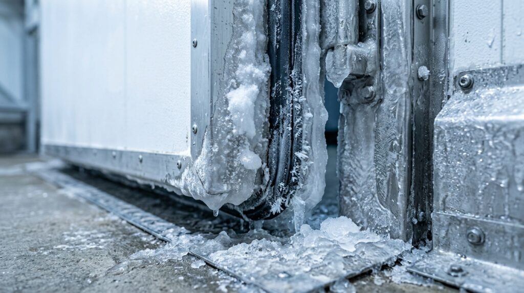 Hielo acumulado en el marco, en la junta y en el suelo junto a la puerta de una cámara de congelación.