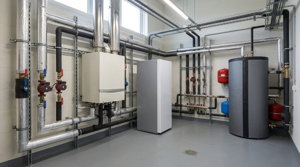 Sala técnica en la que una caldera de gas y una bomba de calor comparten la misma instalación.