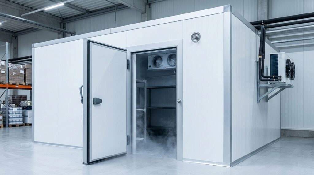 Cámara frigorífica de congelación en una nave, con la puerta isoterma entreabierta, el evaporador en el techo y la válvula equilibradora de presión en el panel.