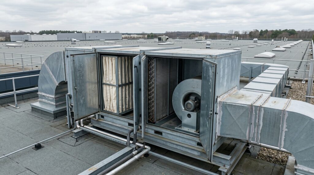 Climatizador industrial en la cubierta de una nave, con las puertas de registro abiertas: filtros, batería y ventilador.