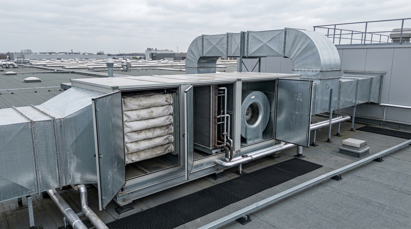 Climatizador industrial en la cubierta de una nave, con las puertas de registro abiertas: filtros, batería y ventilador.