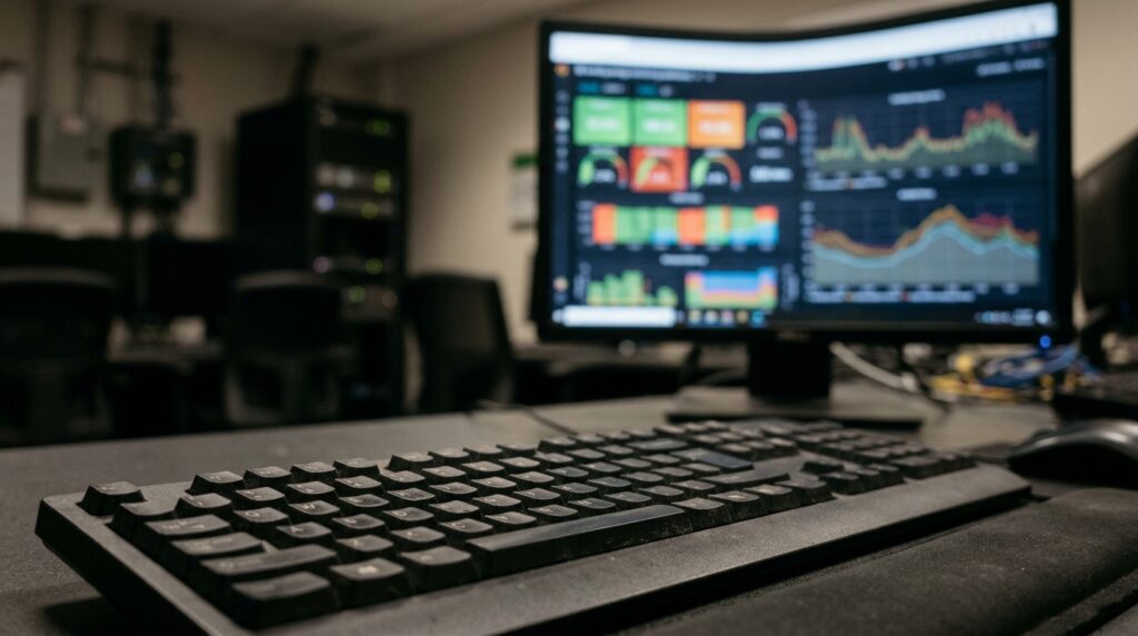 Pantalla de supervisión con gráficas de consumo desenfocadas en una sala de control.