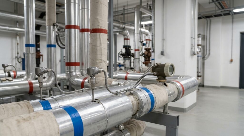 Tuberías aisladas con sondas de temperatura y un contador de energía térmica en una sala técnica.