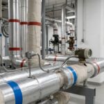 Tuberías aisladas con sondas de temperatura y un contador de energía térmica en una sala técnica.