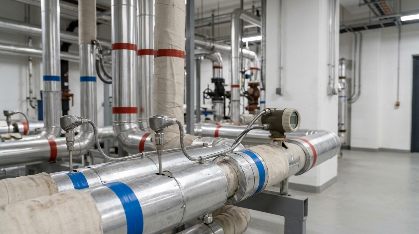 Tuberías aisladas con sondas de temperatura y un contador de energía térmica en una sala técnica.