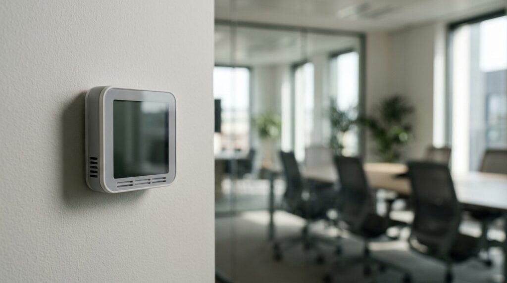 Sensor de temperatura, humedad y calidad del aire en la pared de una sala de reuniones.